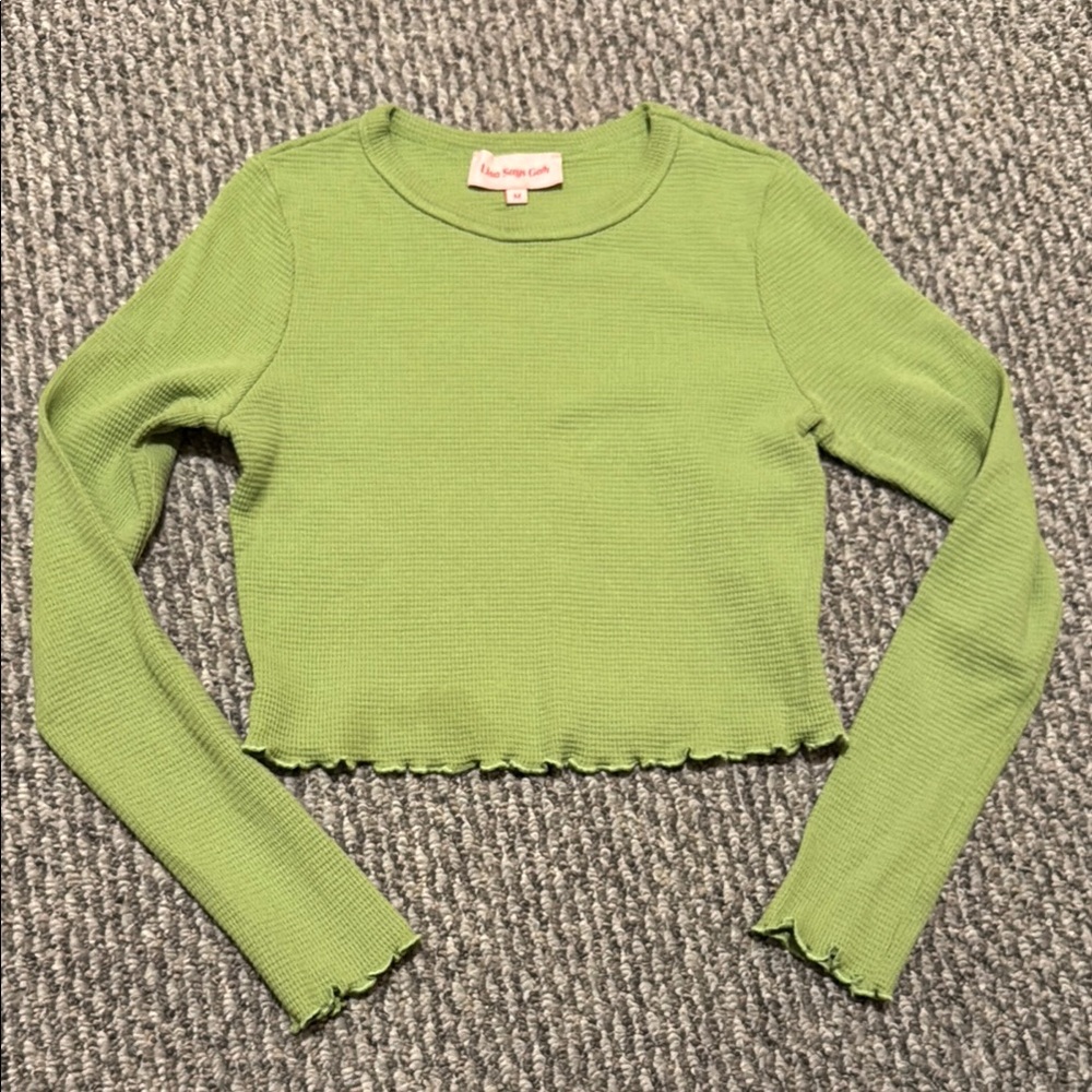 Lisa Says Gah Lola Long Sleeve Green Cropped Thermal Shirt - Picture 3 of 10